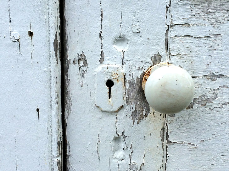 door knob, peeling paint, lock, weathered, wood, antique, entrance
