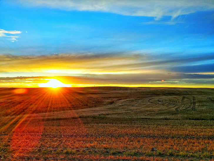 Prairie, zonsondergang, veld, landschap, platteland, natuur, hemel