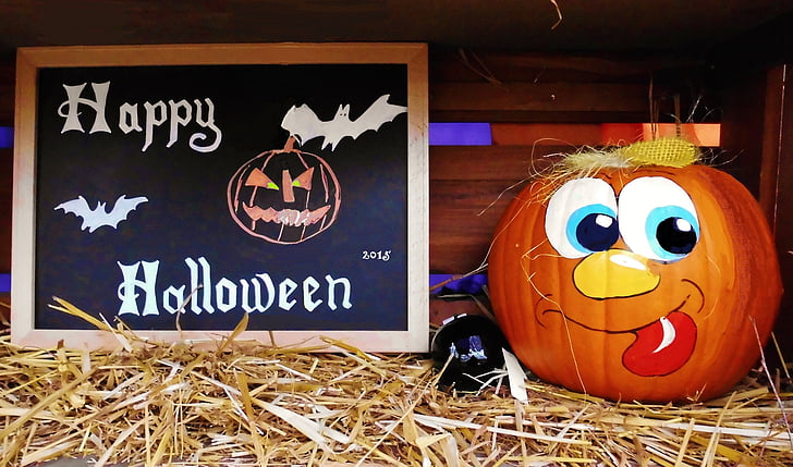 Feliz Halloween, Saludo, calabaza, tablero, gracioso, decoración de otoño, cara de calabaza