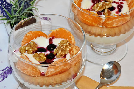 dessert, yogurt, fruit, tangerines, sweet, eat, benefit from