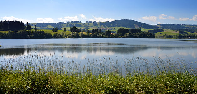 hegyi panorámával, hegyek, bergsee, Allgäu, rottachsee, víztározó, tóparti