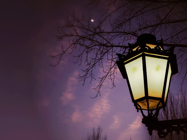 Street lampe, natt, månen, landskapet, belysning, på natten, lykt