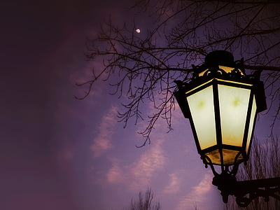 Lámpara de calle, noche, Luna, paisaje, iluminación, Por la noche, linterna