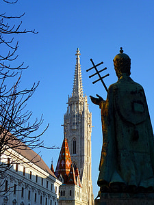 布达佩斯, 布达, 城堡区域, 教会, 雕像, 圣母教堂, 蓝蓝的天空