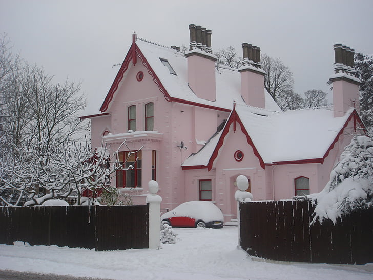 house, snow, pink, london, winter, holiday, christmas