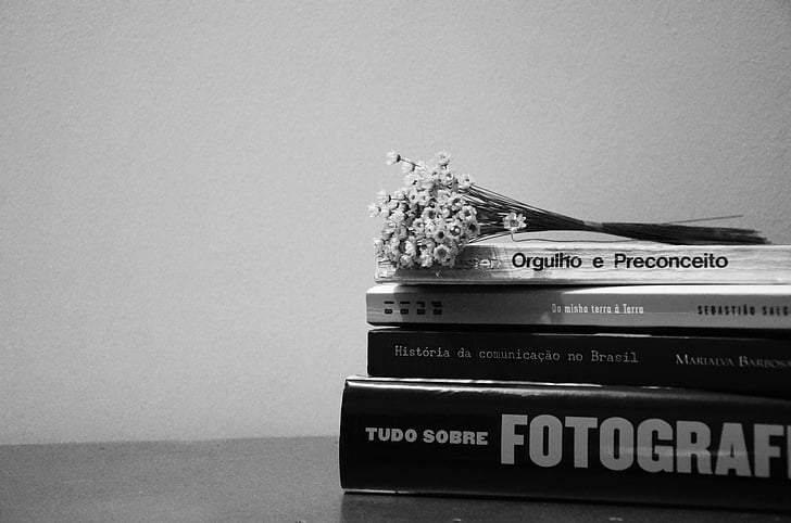 libros, literatura, flores, blanco y negro
