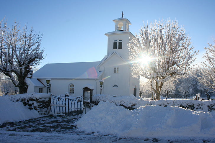 kirke, solskin, vinter