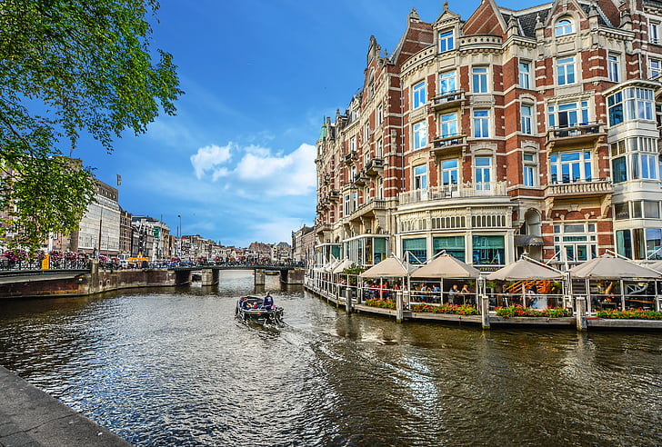 Amsterdamas, kanalas, restoranas, Nyderlandai, valtis, turizmo, kelionės