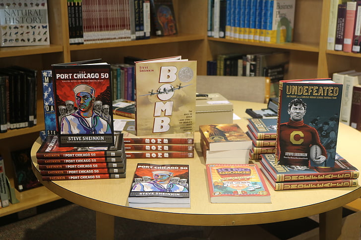 author visit, books, book display, steve sheinkin, library, display, bomb