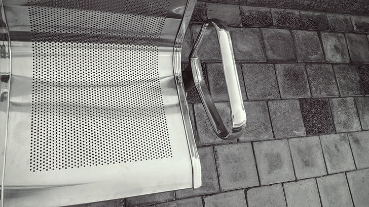 bench, black-and-white, chair, cobblestones, metal, seat