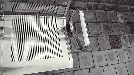 Panca, in bianco e nero, sedia, ciottoli, metallo, sedile