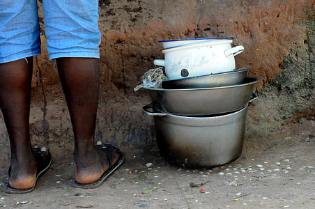 sort, retter, beskidte skål, frokost, fattigdom, afrikanske, Bissau