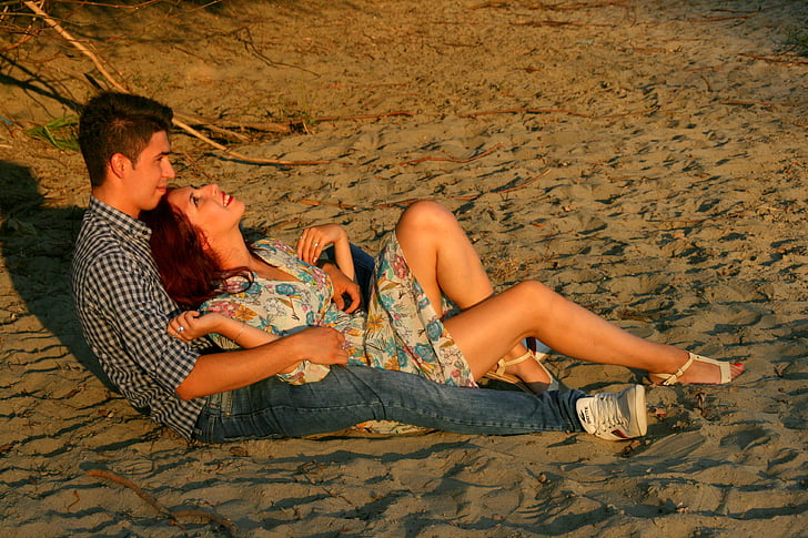 คู่, ความรัก, ชายหาด, ความสุข, ทราย