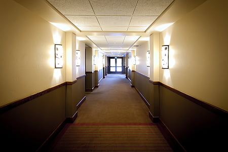 hallway, hotel, indoors, lights, wall lamps, corridor, no People