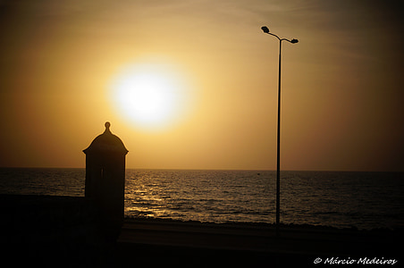paisagem, Colômbia, Cartagena, pôr do sol, sol, mar, cidade