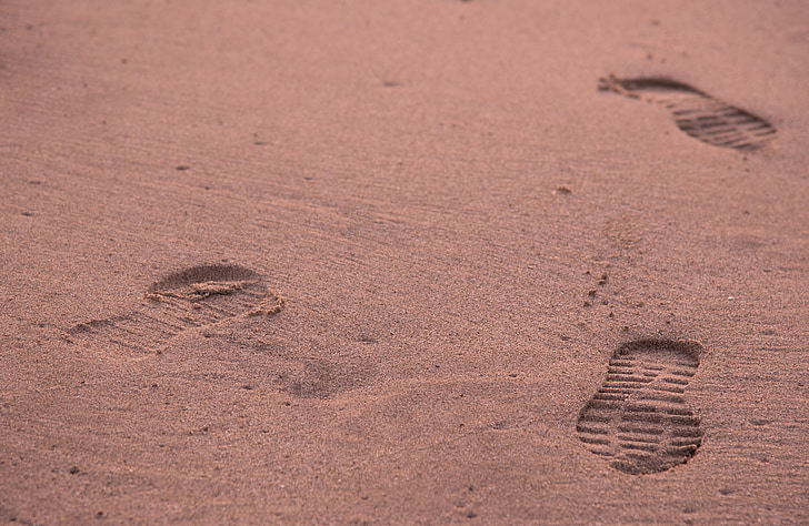 otisci stopala, noga, pijesak, plaža, hoda, put, cipele