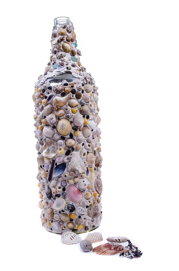 bottle, seashells, shells, glass, art, sea, decoration