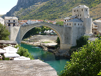 bridge, bosnia, mountain, stone, landscape, river, vista