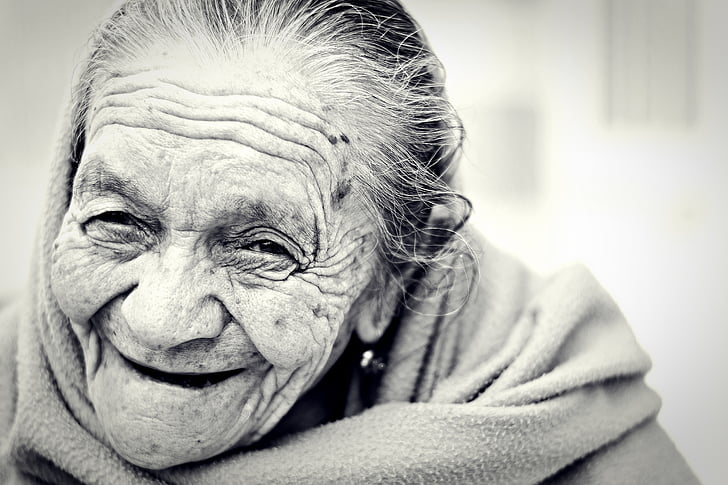 black-and-white, close-up, content, elderly, grandma, happy, old