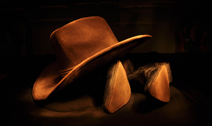 kovbojské topánky, hnedá, Svetelné maľby, klobúk, kovboj, Kovbojský klobúk, divoký západ