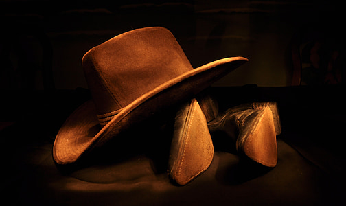 botas vaqueras, marrón, pintura luz, sombrero, vaquero, sombrero de vaquero, salvaje oeste