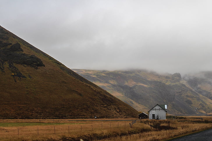 white, barn, house, near, mountain, cloud, hill