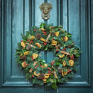 pärg, uks, jõulud, teenetemärgi, traditsiooniline, hooajaline, roheline