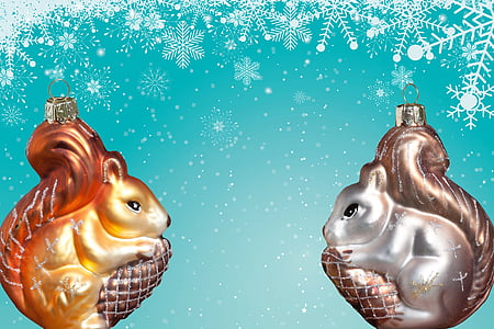 Karácsony, mókus, karácsonyi díszek, hó, hópelyhek, szikra, türkiz
