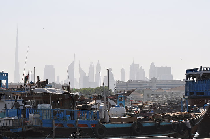 Dubai, paysage urbain, Skyline, Emirates, arabes, gratte-ciel, Harbor