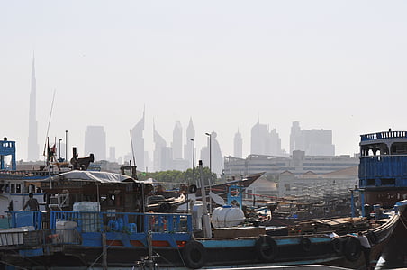 Dubai, stadsbild, Skyline, Arabemiraten, arabiska, skyskrapa, hamnen