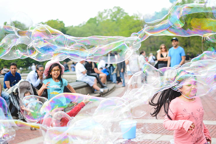 buborékok, gyermekek, szórakozás, játék, lányok, boldog, gyerekek