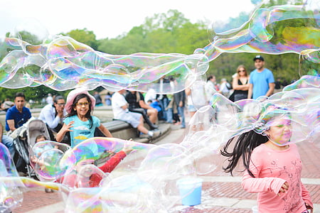 Bubbles, Kinder, Spaß, Spiel, Mädchen, glücklich, Kinder