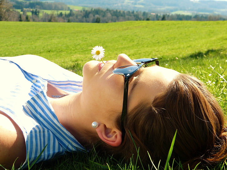 young woman, meadow, concerns, rest, relax, girl, nature
