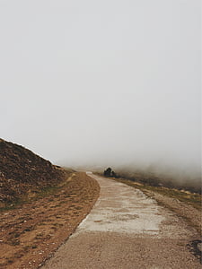 brown, asphalt, road, foggy, time, fog, path