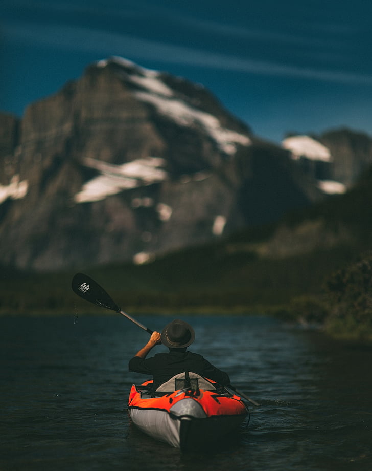 man, black, fedora, hat, riding, kayak, toward