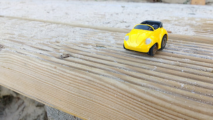 giocattolo, auto, legno, in miniatura, miniature, giallo, carrello