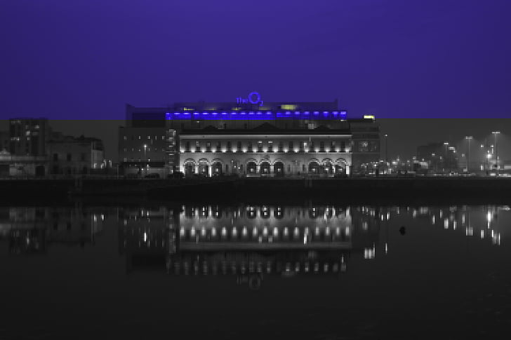 Foto, modrá, osvetlené, budova, O2, Arena, divadlo