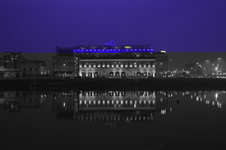 nuotrauka, mėlyna, apšviesta, pastatas, O2, arenos, teatras