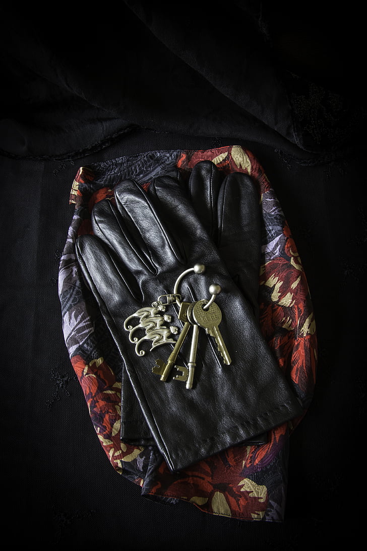 gloves, keys, scarf, travel, dark, pair