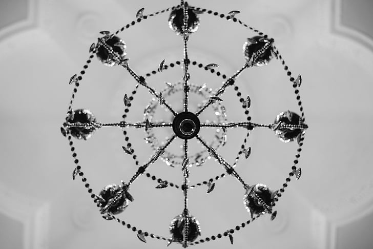 grayscale, photography, round, metal, chandelier, ceiling, lighting