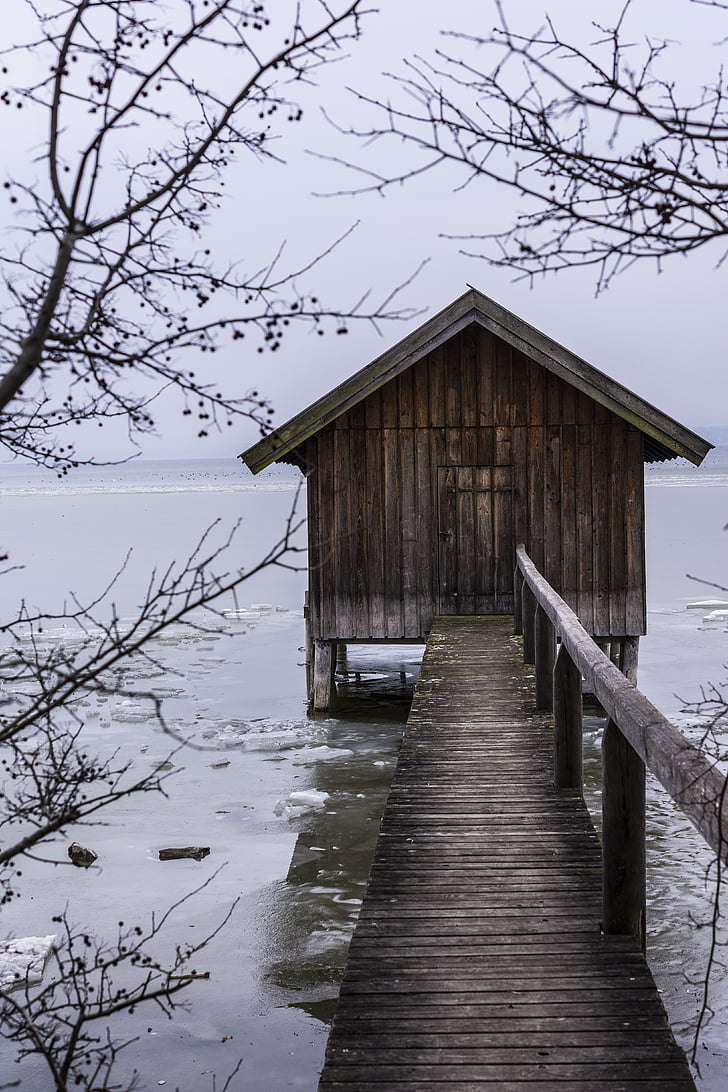 boat house, winter, lake, frozen, ice, cold, trees
