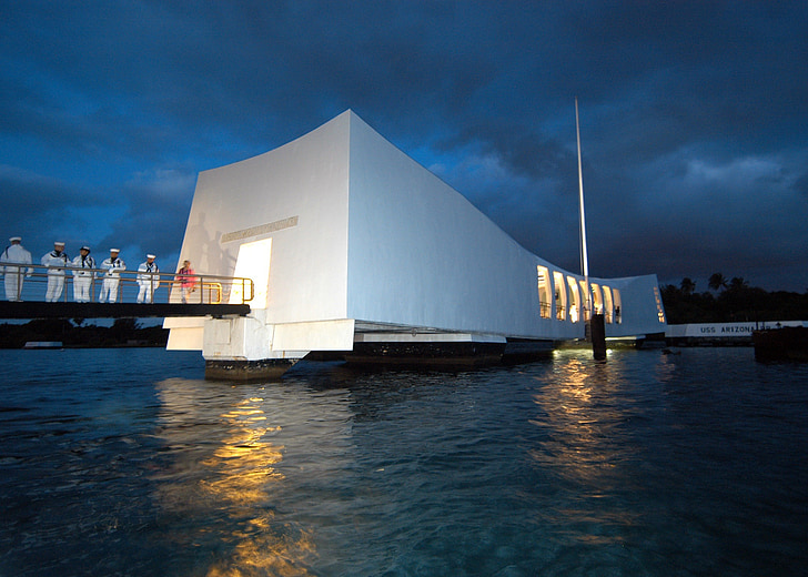 Pearl harbor, Havaí, noite, Crepúsculo, luzes, edifício, arquitetura