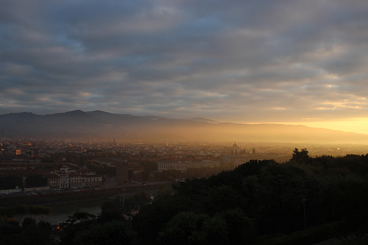 Флоренція, Схід сонця, туман, Італія, Романтика, промені, Світанок
