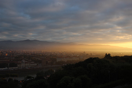 Florencie, východ slunce, mlha, Itálie, Romantika, paprsky, Dawn