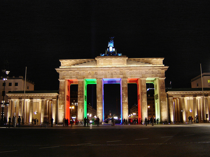 brandenburg gate, berlin at night, berlin, city of lights, art