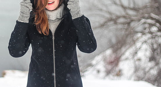 mulher, flocos de neve, roupas de inverno, Inverno, temperatura fria, neve, uma mulher só