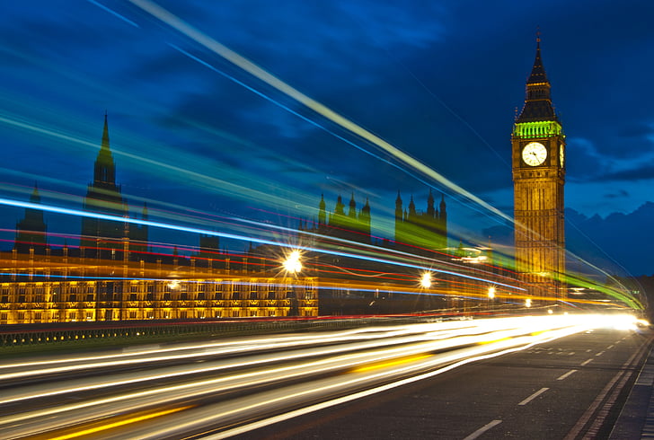 Palazzo di Westminster, notte, esposizione lunga, fotografia notturna, città, strada, Londra