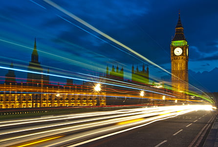 hiše parlamenta, noč, daljša izpostavljenost, nočna fotografija, mesto, cesti, London