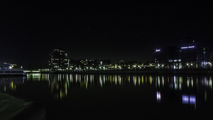 Kiel, nočné foto, Hviezdna obloha, noc fotografiu, Kiel zastrčený, vody, Port