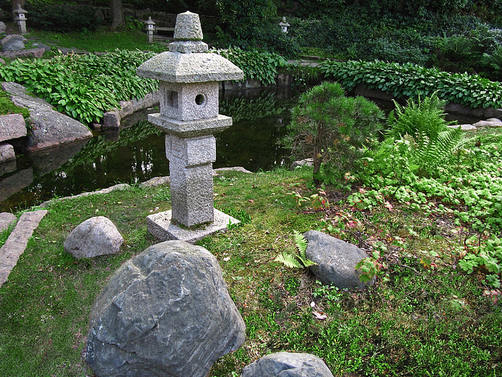 japanese garden, stone lantern, park, pond, asian, culture, imitation